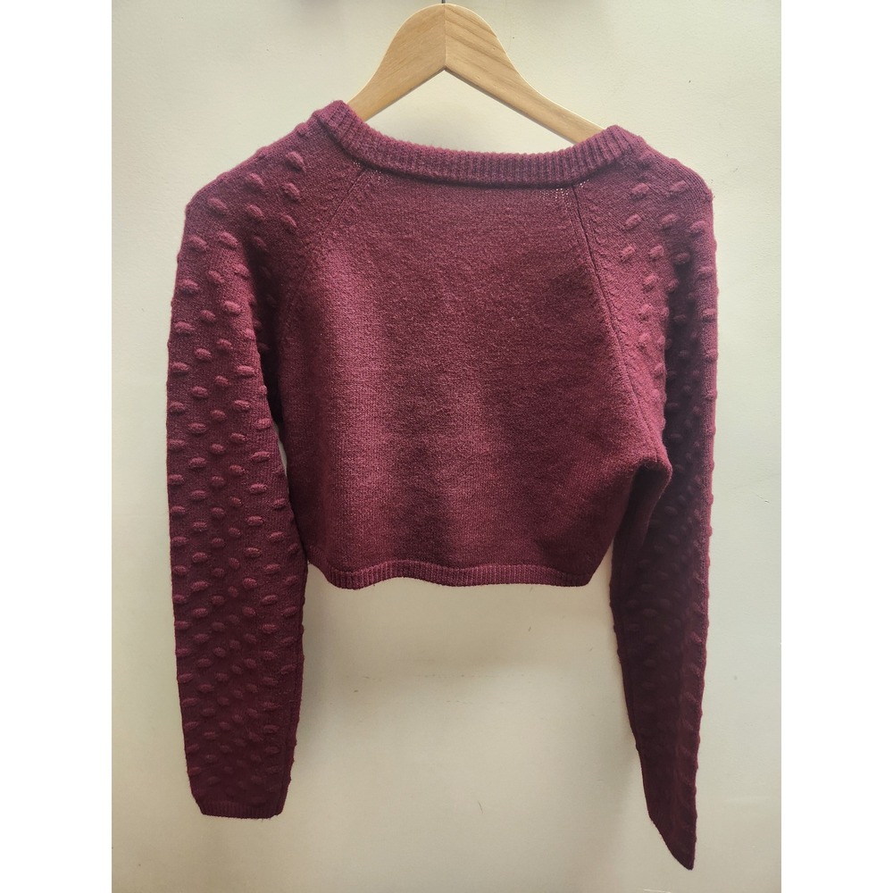 Commense Burgundy Popcorn Knit Cropped Cardigan Velvet Bow Front Wine‎ Red Small